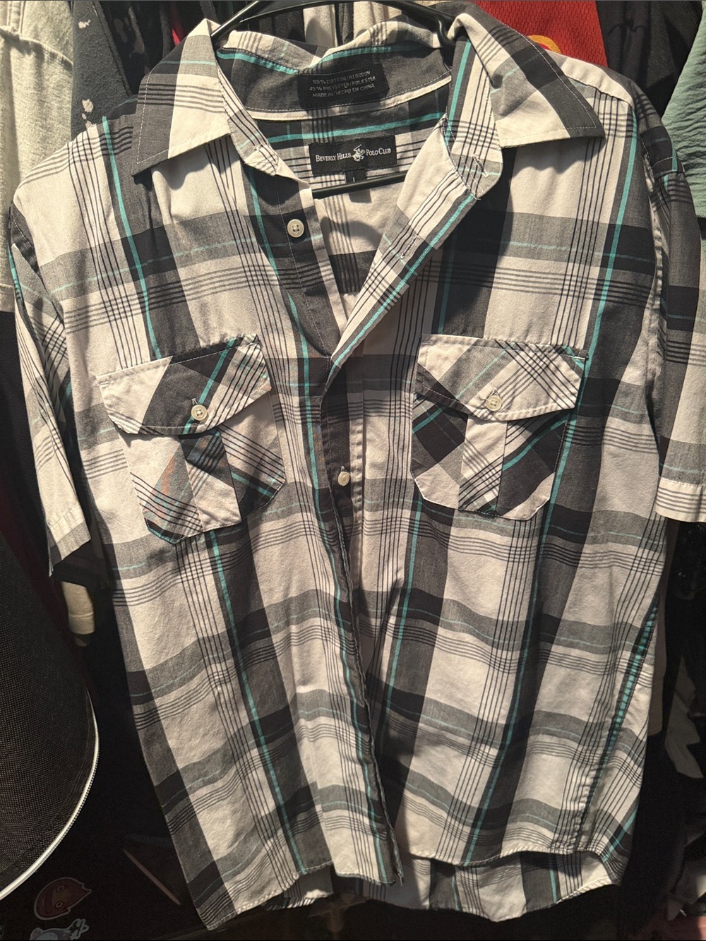 Beverly Hills Polo Club Men's Black, White & Teal Plaid Short-Sleeve Button-Up